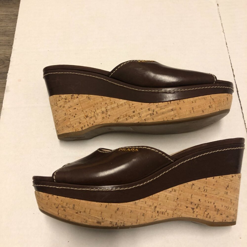 Prada wedge open toe cork platform brown slide sa… - image 2